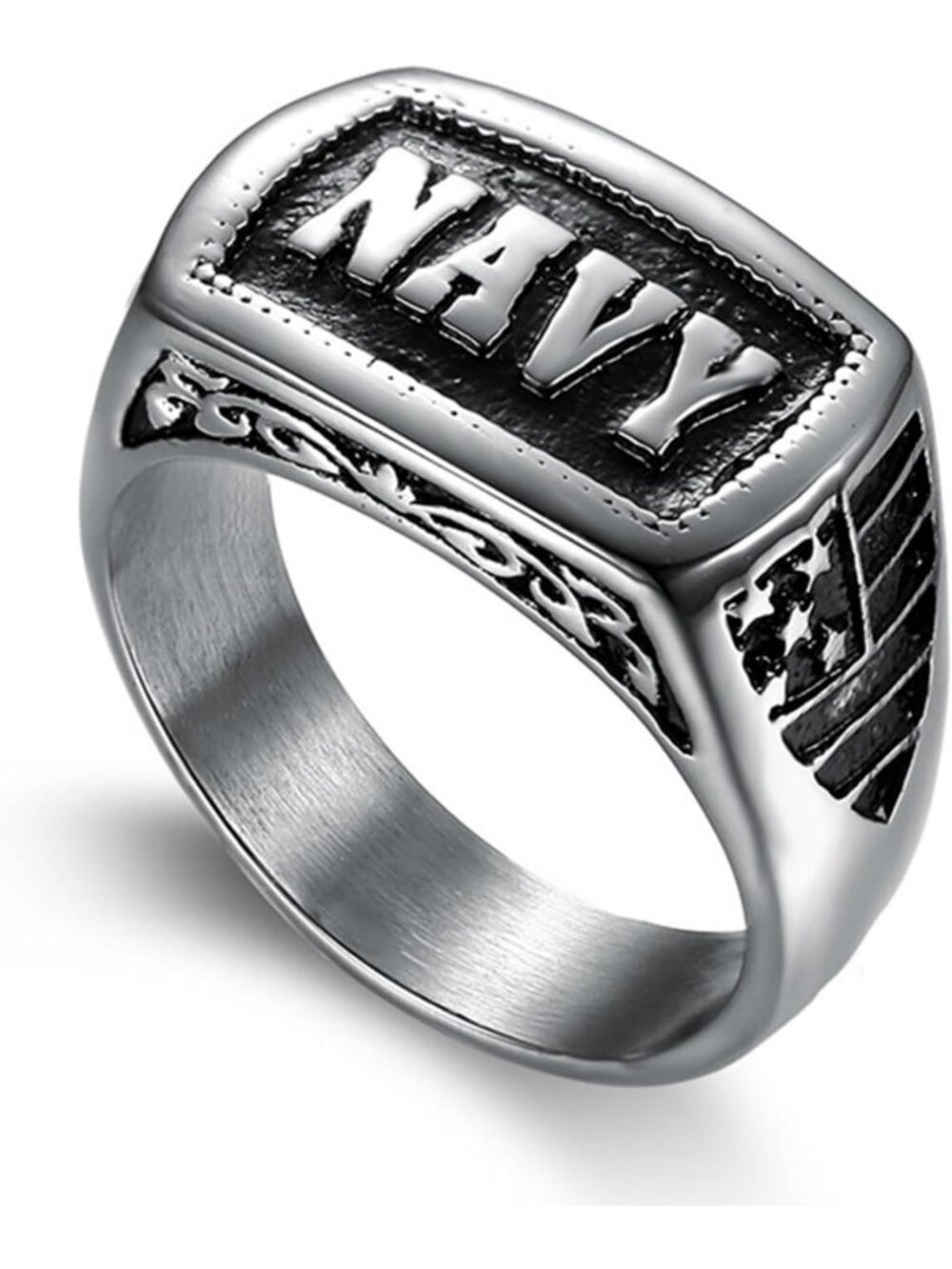 Men's Rectangle Engraved Military Signet Ring, Titanium Steel Veteran Jewelry